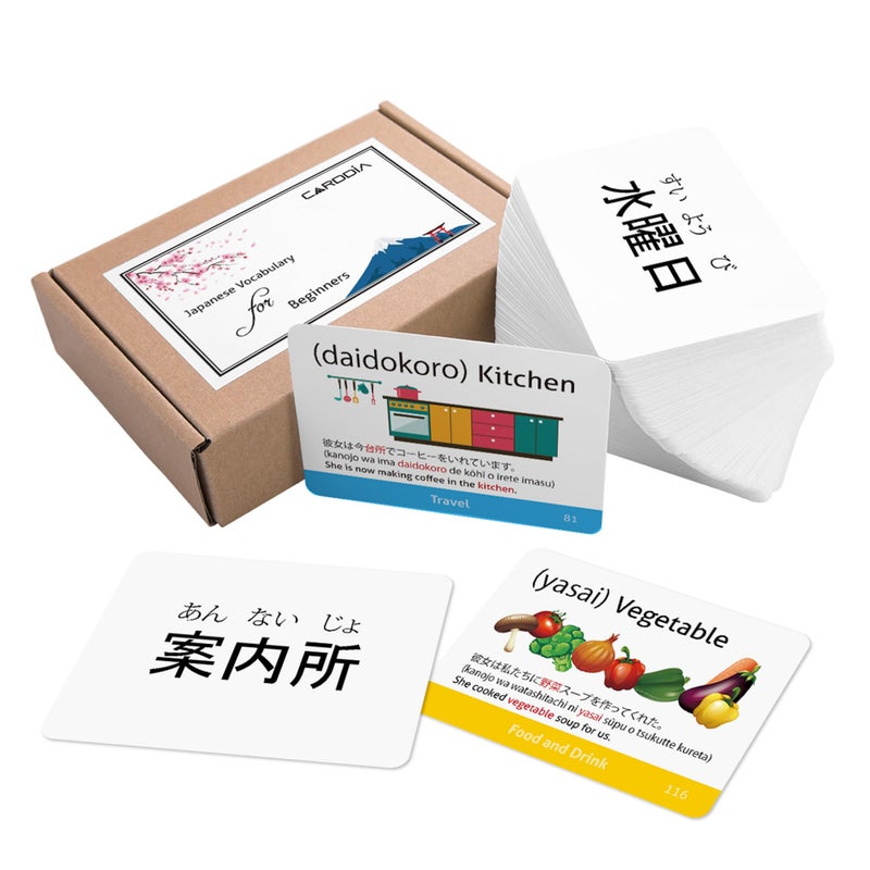 CARDDIA Japanese Vocabulary Flash Cards for Beginners (with Illustrations and Example Sentences), Standard Playing Card Size, Sturdy, Water Resistant - Image 1